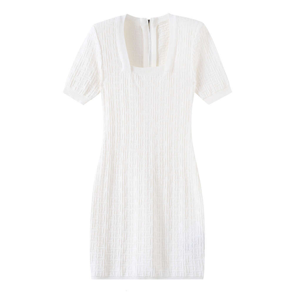 2026 A1 Summer New European and a1 American Style Knitted Short Sleeve Slimming Waist Square Neck Knitted Dress for Women