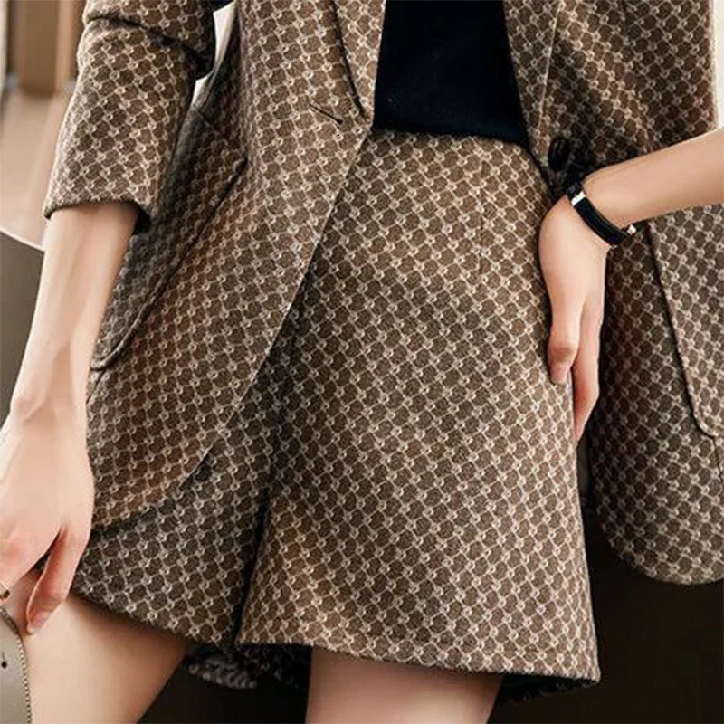 Autumn Winter Womens Elegant Fashion Printed Slim Blazers High Waist Shorts Set Ladies Long Sleeve Casual Coat Short Pants Suit 260227 - view 6