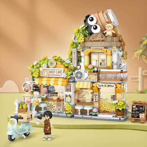 Building blocks panda tea room, little bear coffee shop, street scene architectural model, DIY assembly toy H260228