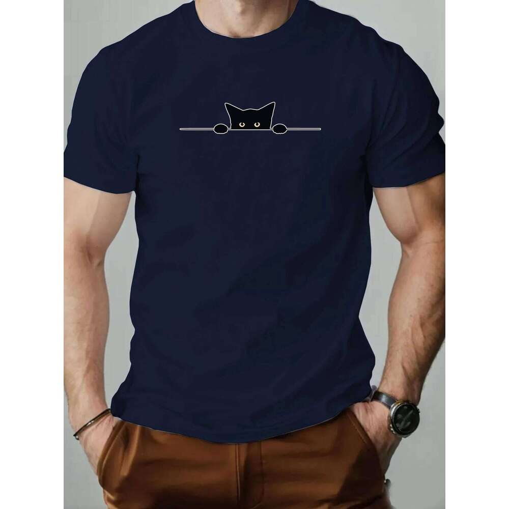 Men's Cotton O-Neck T-Shirt 2025 New Arrival Soft Touch Slim Fit Playful Cute Peeking Black Cat Graphic Tee Daily Casual C260228 - view 5