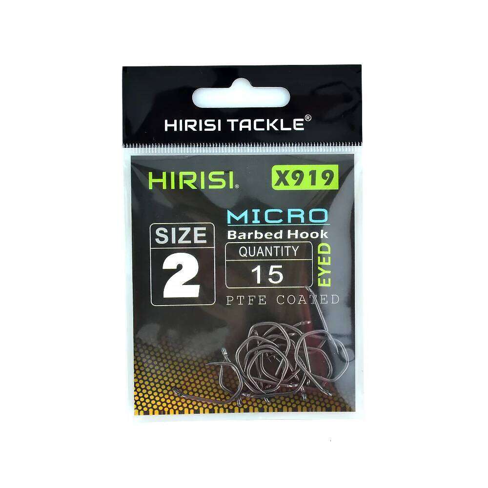 Hirisi X919 15Pcs High Carbon Steel Fish PTFE Coated Micro Barbed With Eye Carp Fishing Hook Accessories Z260228