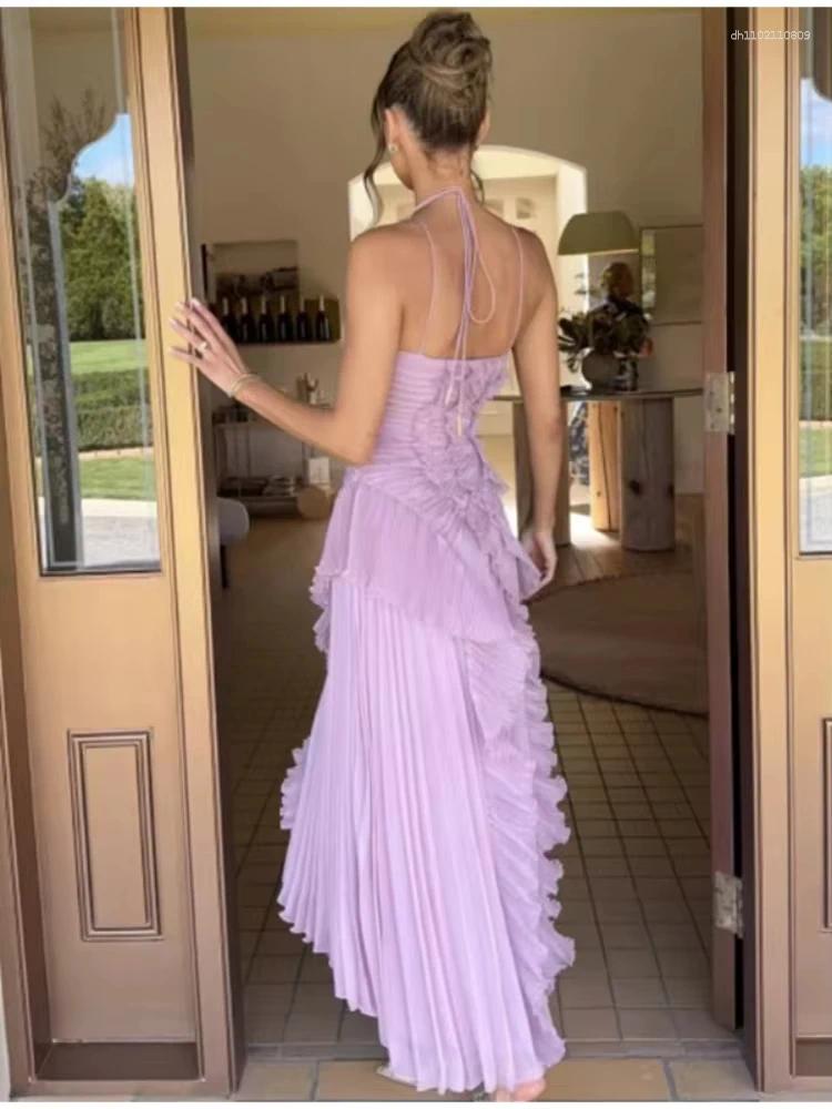 Casual Dresses Elegant Purple Halter A Line Prom Gowns Ruffles Tiered Backless Party Gown Summer Vacation Chiffon Long Evening Dress