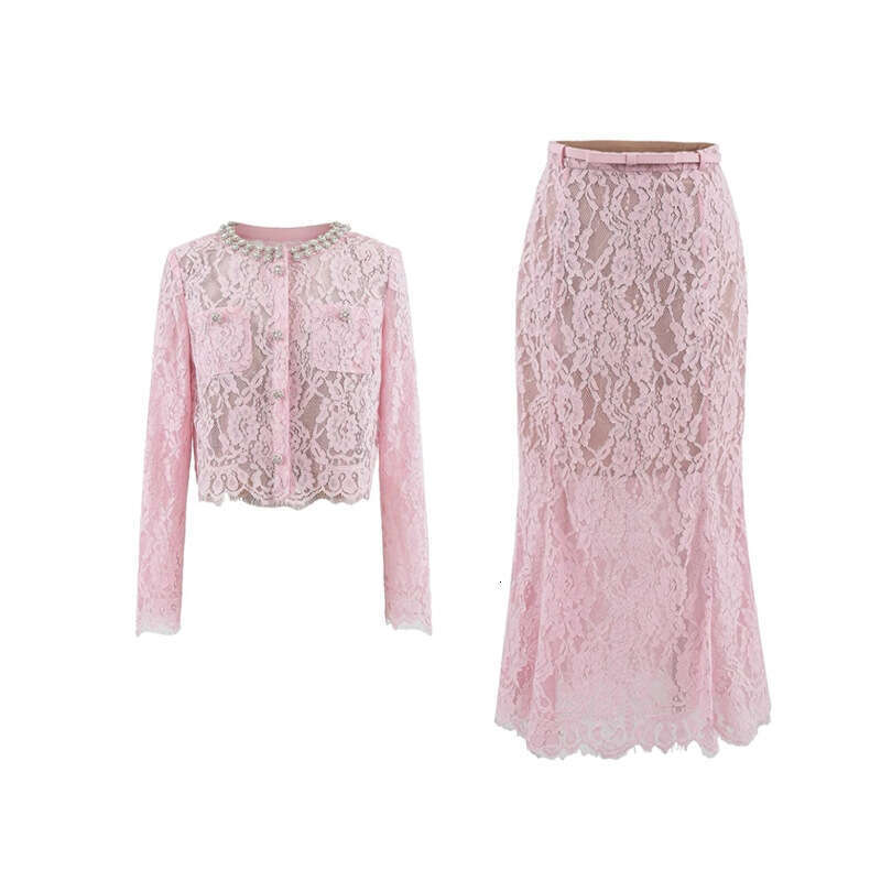 2026 spring/summer designer fashion brand social elegant temperament style lace top slim fit skirt set