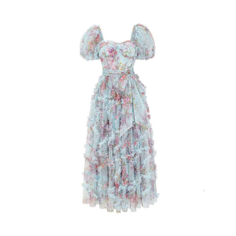 2026 Summer British Fashion Brand Dreamy Printed A1 Mesh Square Neck Bubble Sleeve Speaker Elegant Long Dress