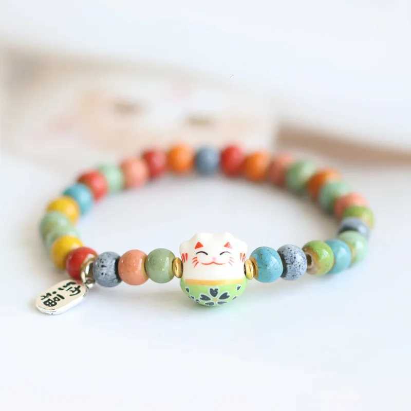 Cute Lucky Cat Bracelet For Girls Adjustable Colorful Beaded Bracelets Ceramics Cat Pendant Charm Bracelets Jewelry Wholesale H260228
