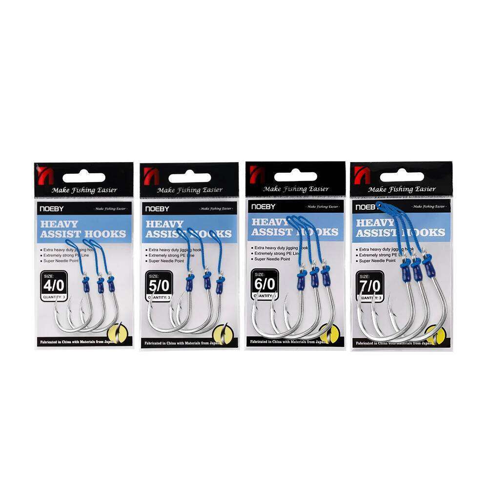 Noeby Heavy Duty Jigging Assist Rig 3PCs Bright Tin Thick Shaft Hook 4/0 5/0 6/0 7/0 Max Strength 149kg Metal Jigs Hooks Z260228