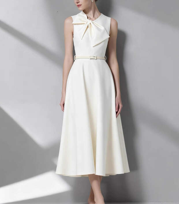 2026 niche a3 elegant gentle temperament commuting Hepburn style bow sleeveless waist tied long skirt solid color long skirt