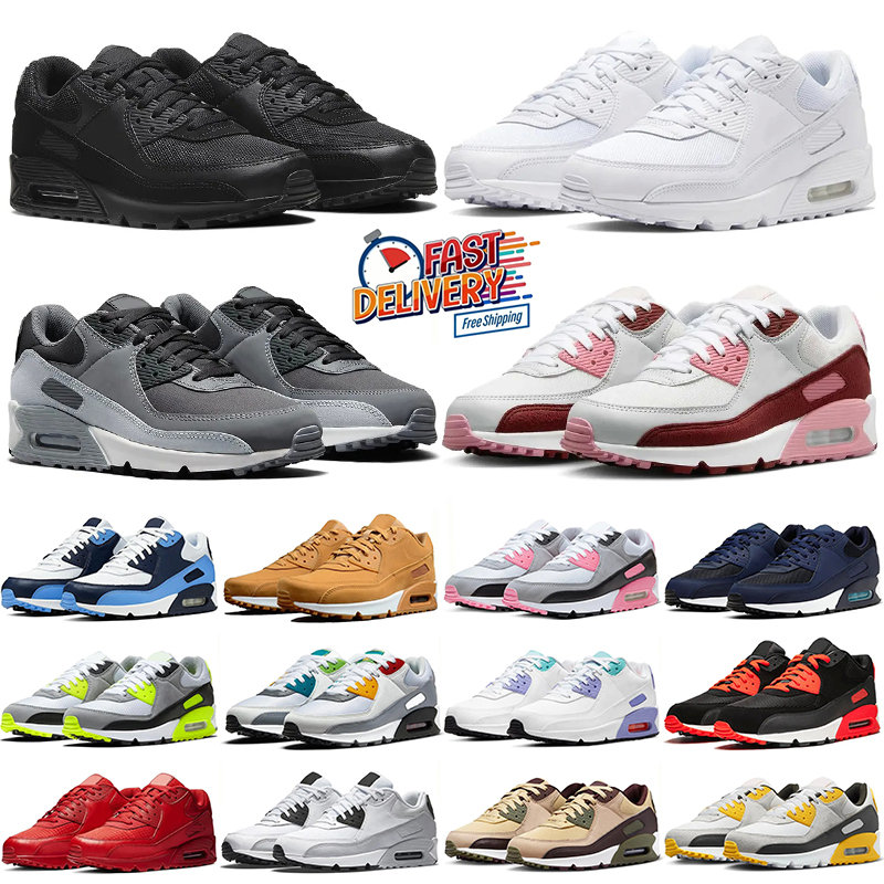 with box 90 running shoes 90s designer sneakers bred triple black white grey men women outdoor sports trainers big size 36-45