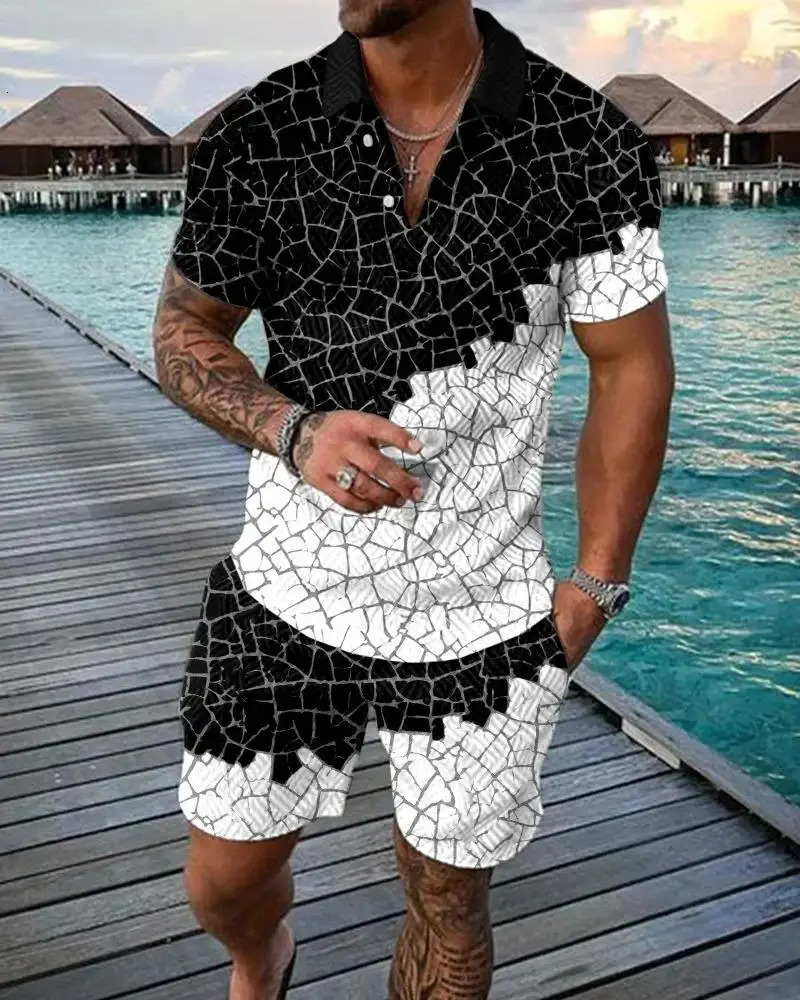 Mens Zipper Collar Polo Shirt And Shorts 2 Piece Set Hawaii Fashion Bohemian Geometric Style 3D Printed Summer Casual Suit 260227