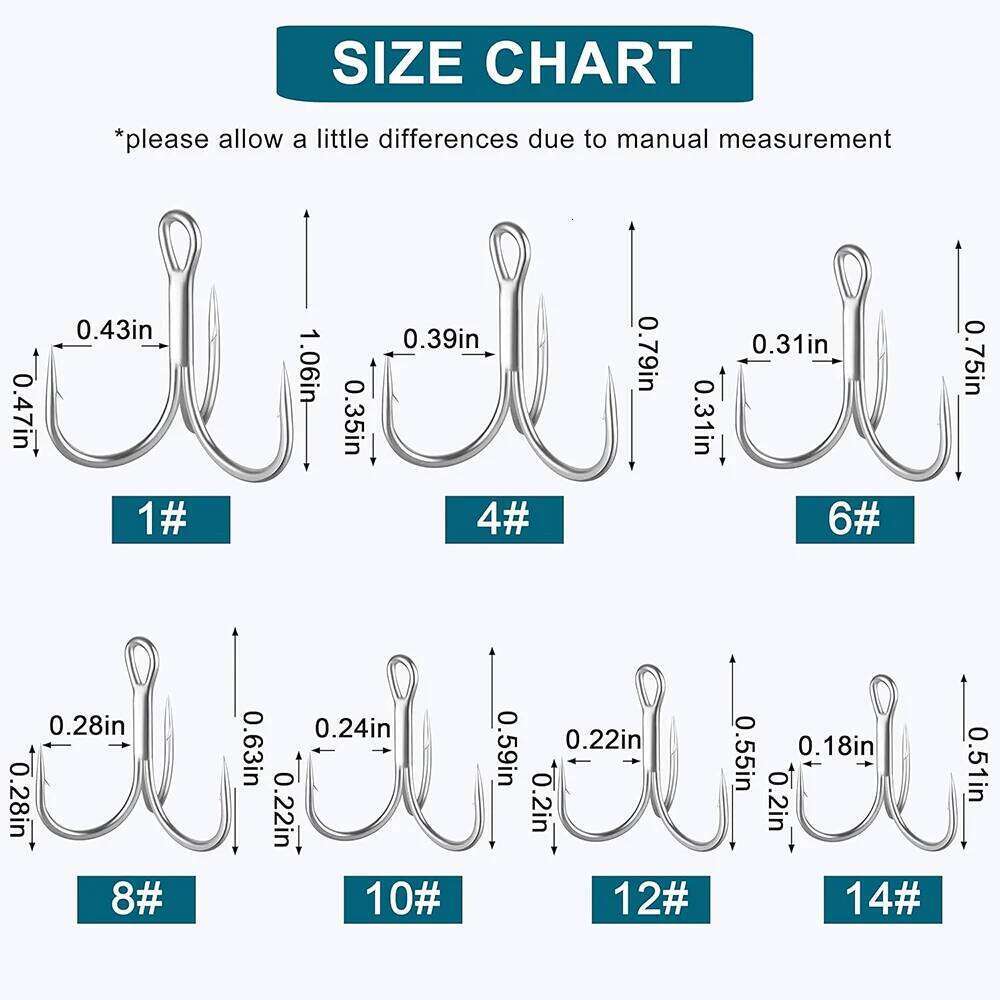 50Pcs Fishing Hooks Sharp Round Bend Barbed Treble High Carbon Steel Triple Hook for Bass Trout Saltwater Freshwater Z260228