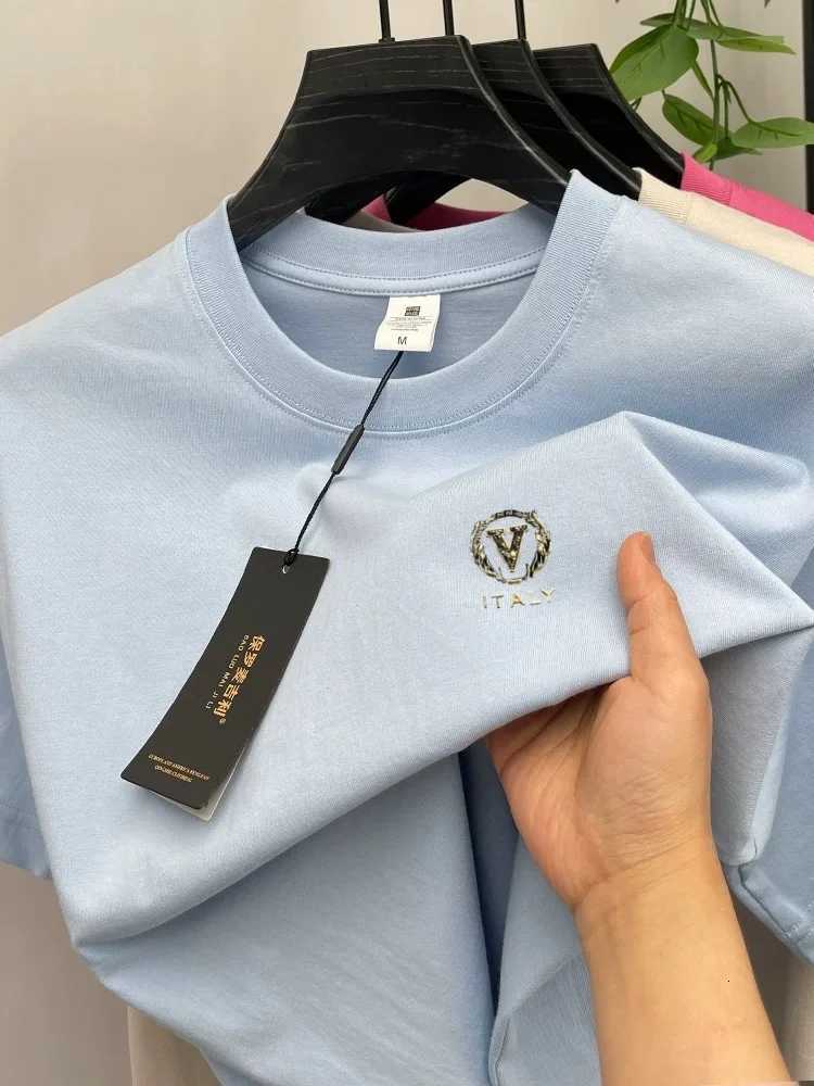 Men's 100% Cotton Letter Embossed T-Shirt Luxury High-End Summer Round Neck Comfort Breathable TopT260228