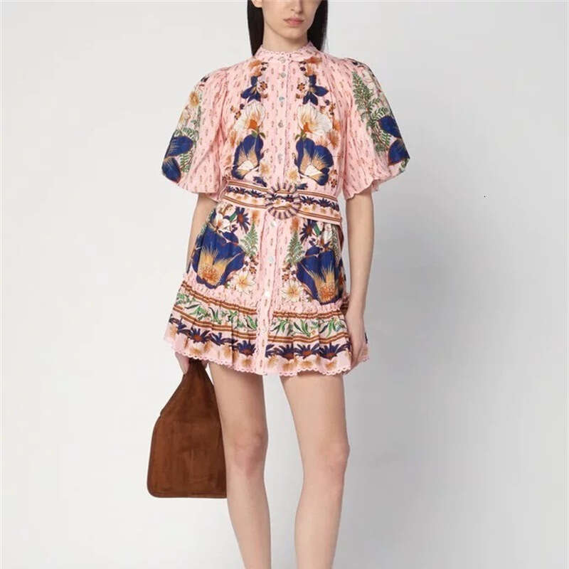 2026 new women's niche design, painted printed bubble sleeves, sweet and loose tie dye short skirt