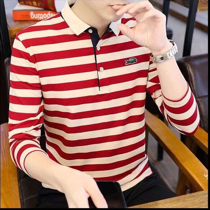 Noble Crocodile Spring and Autumn Embroidered designer handbag Men's Outerwear Long Sleeve Polo Shirt Slim Fit Plus Size LANTI KAST Striped New C