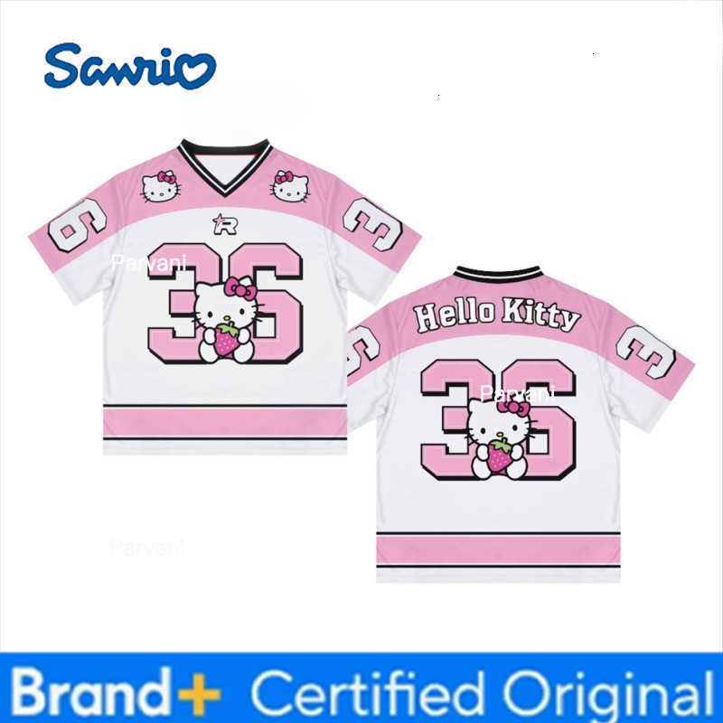 Sanrio Hello Kitty V-neck T-shirt Y2K American Fashion Cool Casual Sportswear Mens and Womens Loose and Comfortable Top H260228