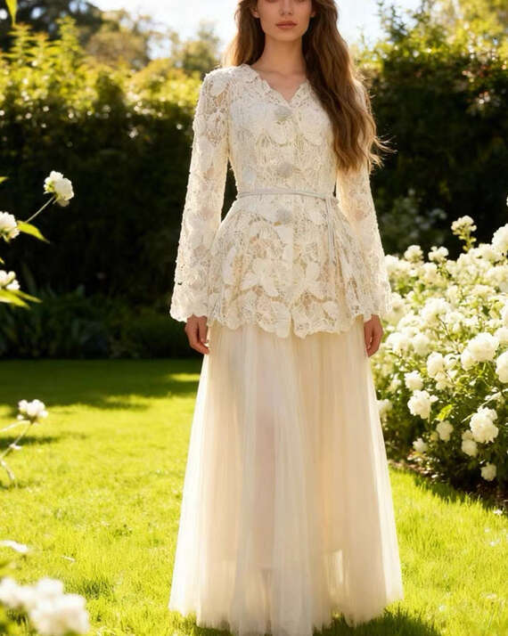 2026 Spring/Summer Elegant Ladies' Fairy like Hollow Butterfly Lace Open Knitted Woolen Sweater Folded Long Skirt Set