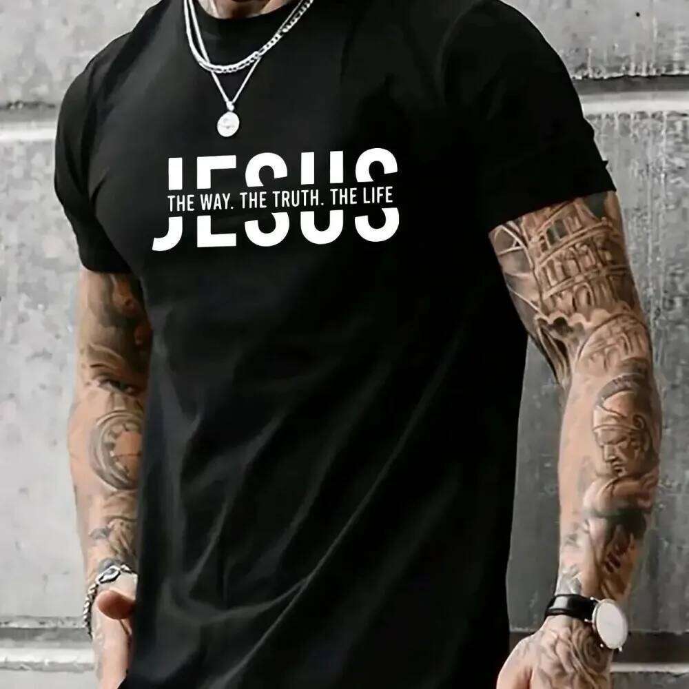 Summer men's polyester fiber casual loose round neck T-shirt Jesus Way Truth Life letter printed outdoor sports top C260228 - view 4