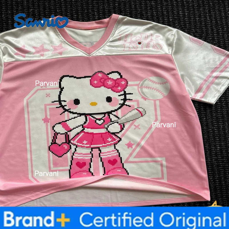 Sanrio Summer Hello Kitty Tshirt Cartoon Sportswear Women Men Y2K V-neck Loose Casual Lightweight Breathable Streetwear Tops H260228