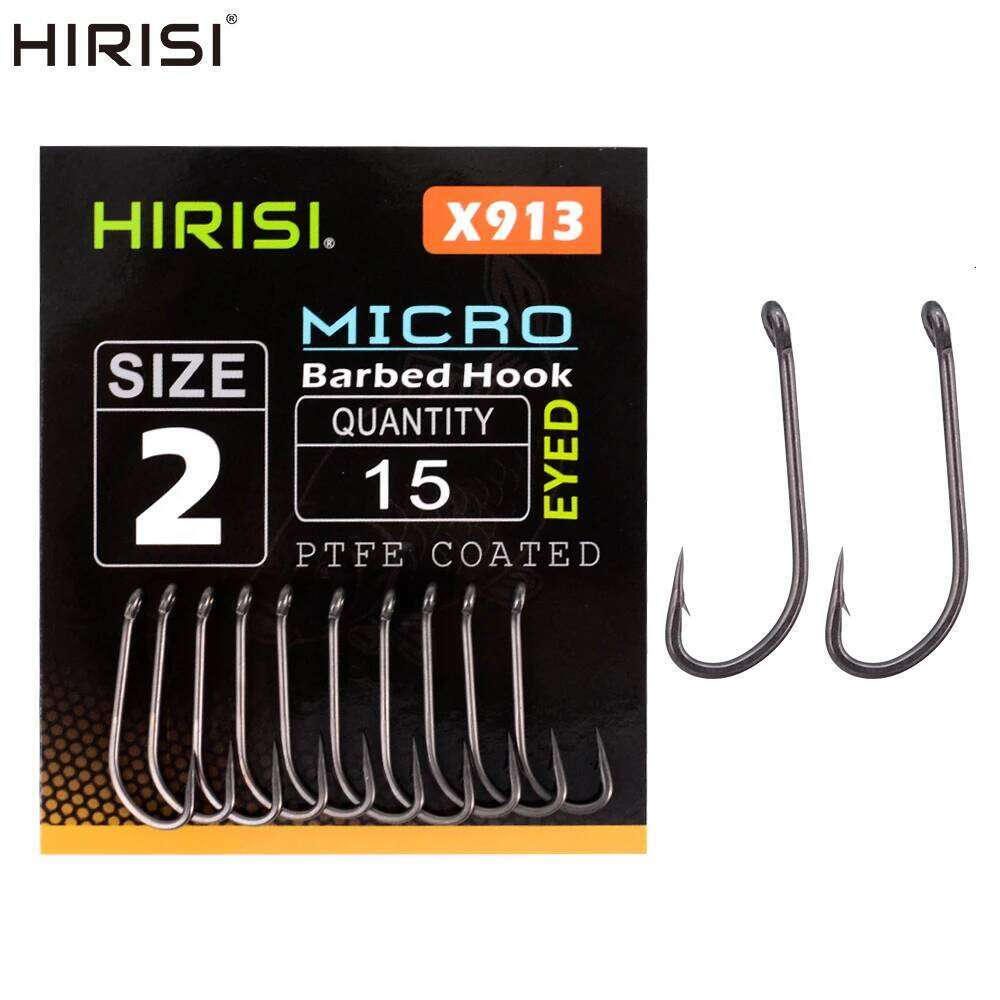Hirisi 15pcs PTFE Coated High Carbon Steel Fish Hook Micro Barbed With Eye Long Shank X913 Carp Fishing Accessories Z260228