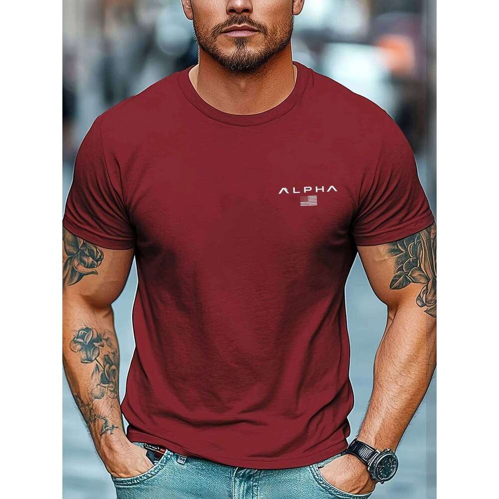 Men's Summer 100% Cotton Fashionable Casual Sports Loose Fashion ALPHA Pattern Printed Round Neck Short Sleeve T-shirt Top C260228 - view 6