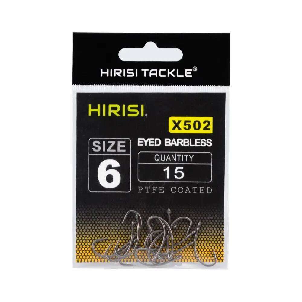 Hirisi 15pcs PTFE Coated High Carbon Stainless Steel Barbless Fish Hook With Eye X502 Fishing Accessories Z260228