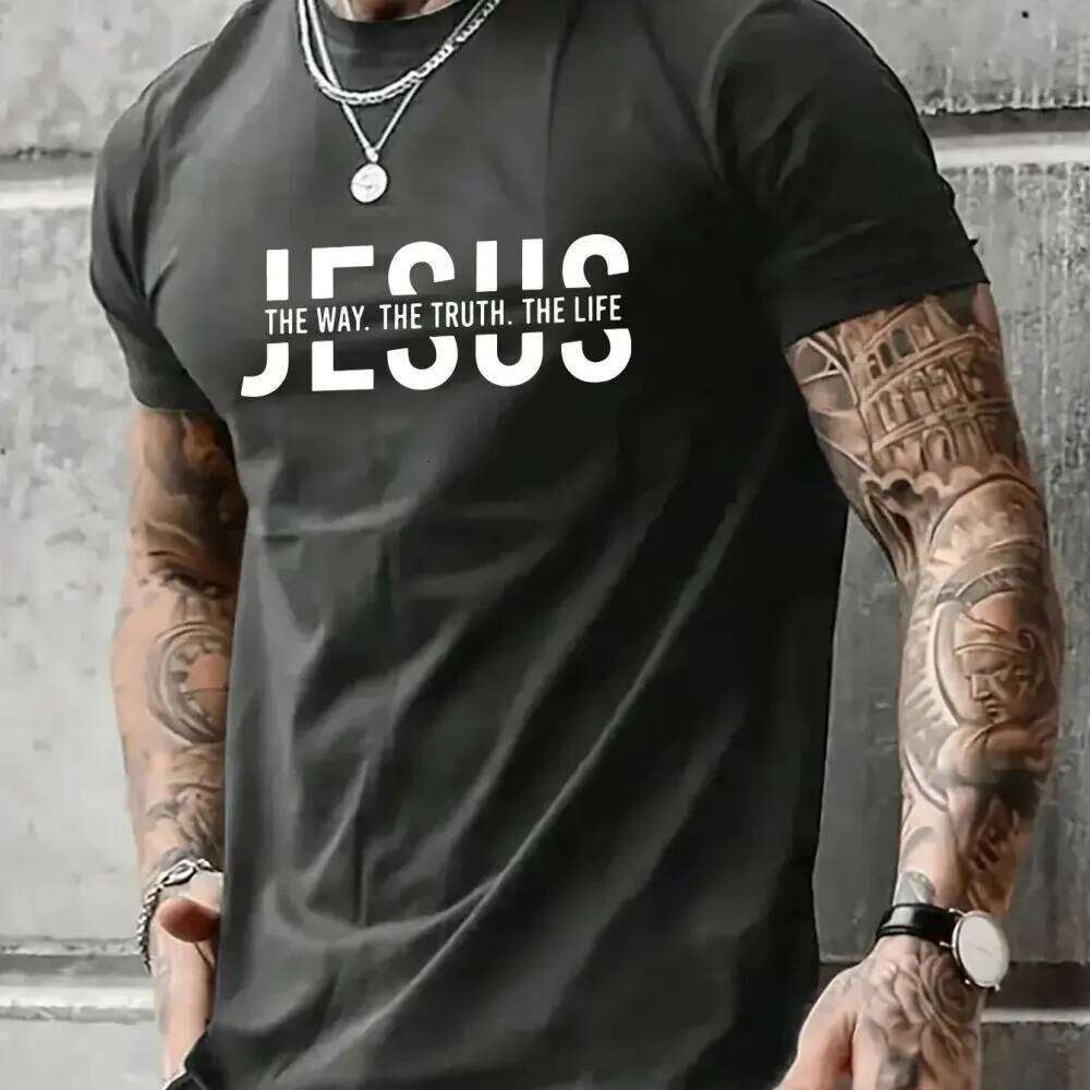 Summer men's polyester fiber casual loose round neck T-shirt Jesus Way Truth Life letter printed outdoor sports top C260228 - view 6