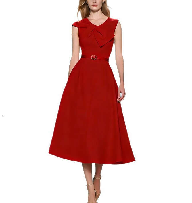 2026 niche a3 elegant gentle temperament commuting Hepburn style bow sleeveless waist tied long skirt solid color long skirt