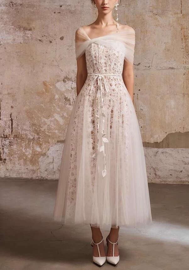 2026 Summer Women's Designer Fashion Brand a3 Elegant Fairy like Shawl Mesh Lace Long Dress