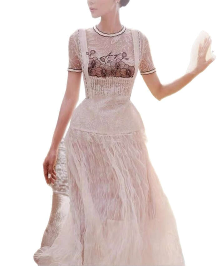 a2 2026 spring/summer new niche design goddess elegant temperament mesh embroidery waistband top long skirt set