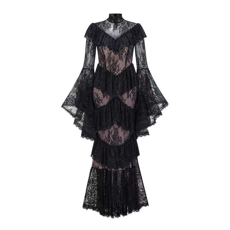 2026 autumn/winter new niche design celebrity goddess transparent lace bell shaped sleeves slim a3 fit fish tail long skirt