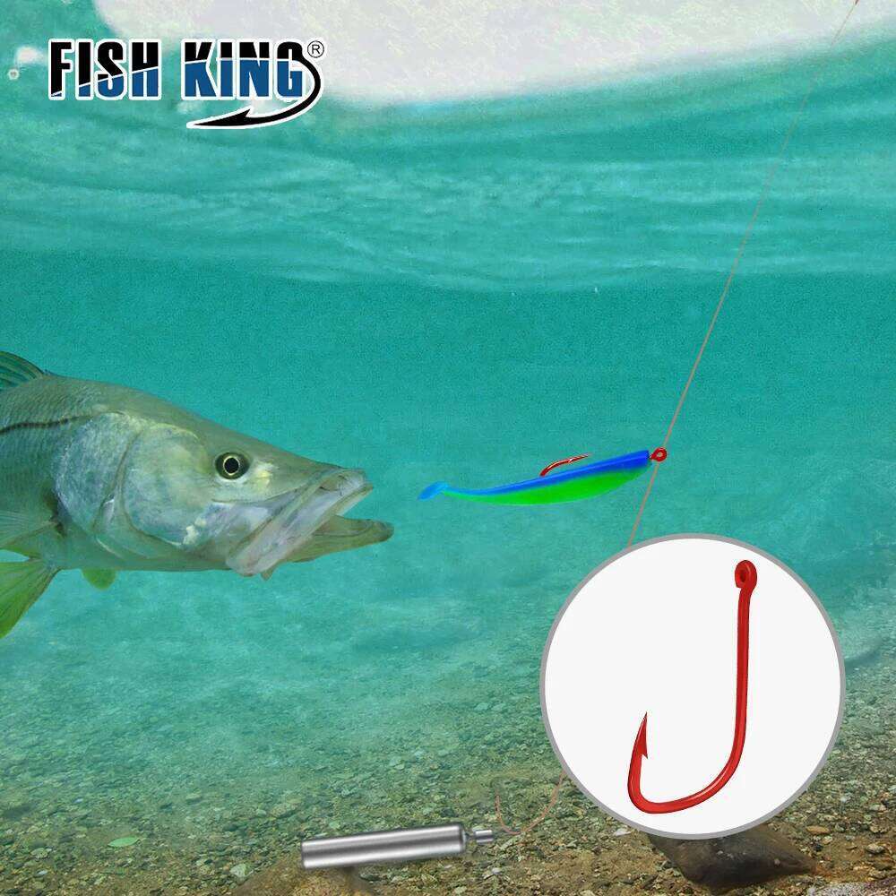 FISH KING 50pcs-100pcs Fishing 6#-10# Barbed High Carbon Steel Red With eyes Bent Baitholder Ringed Carp Hook Tackle Z260228