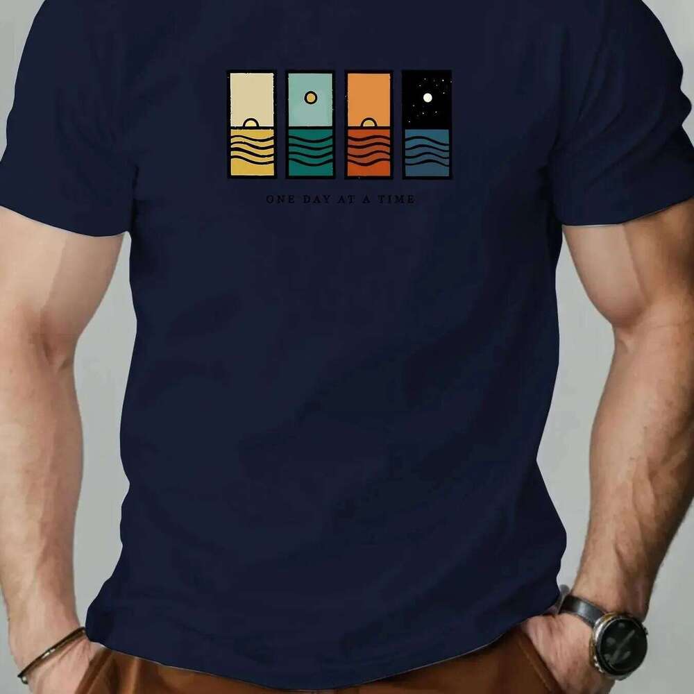 "One Day At A Time" Graphic Casual T-Shirt Summer Short Sleeve Round Neck Tee with Colorful Stripes Men Clothing C260228 - view 4