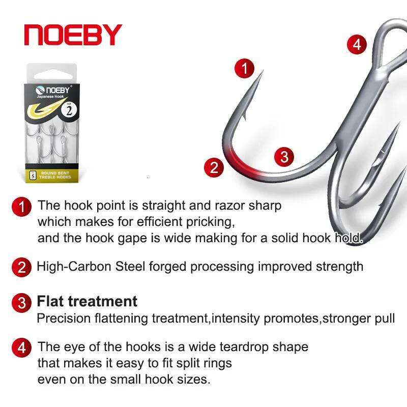 Noeby High Carbon Steel Hooks, Round Bent, Treble Hook, Fishing Tackle, 1 2 4 6 8 10 #, 3X, ST-46, 4Pcs Z260228
