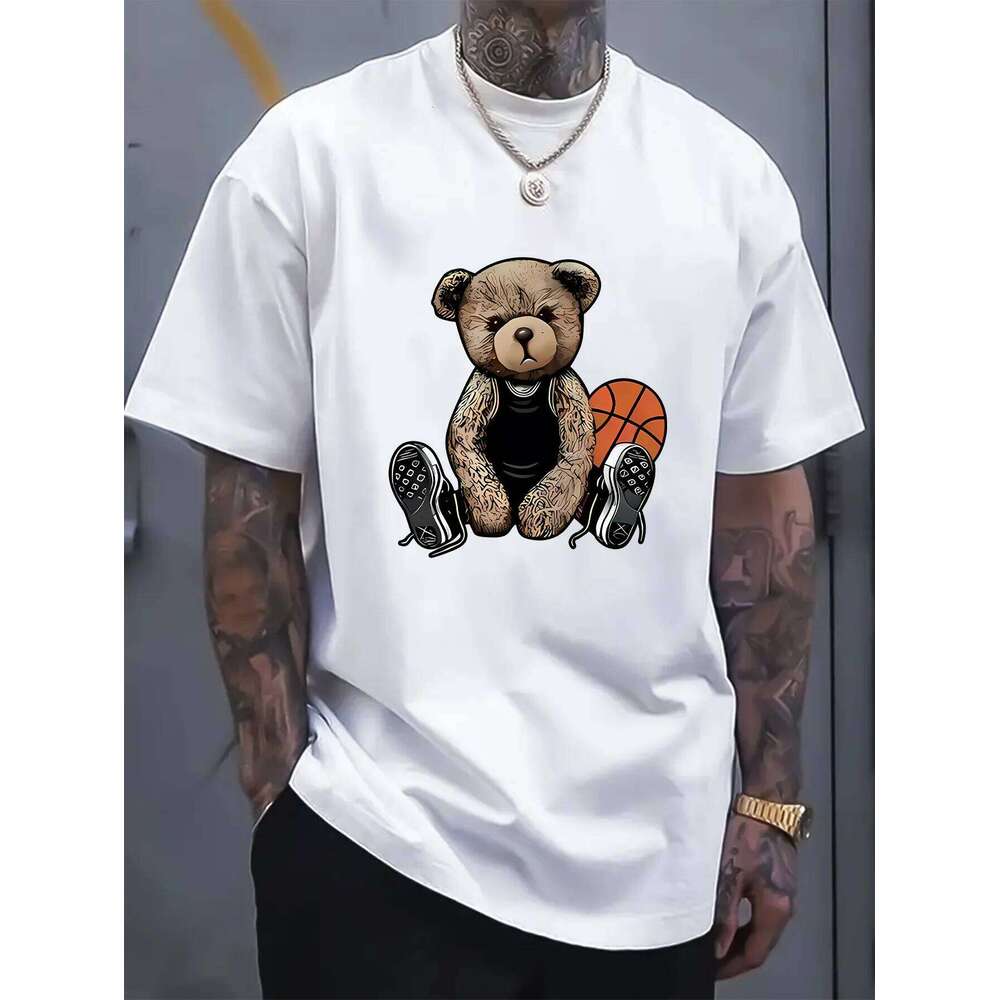 Men's Summer Fashion Fun Basketball Bear Print Comfortable Breathable Round Neck T-shirt Outdoor Casual Top C260228 - view 3
