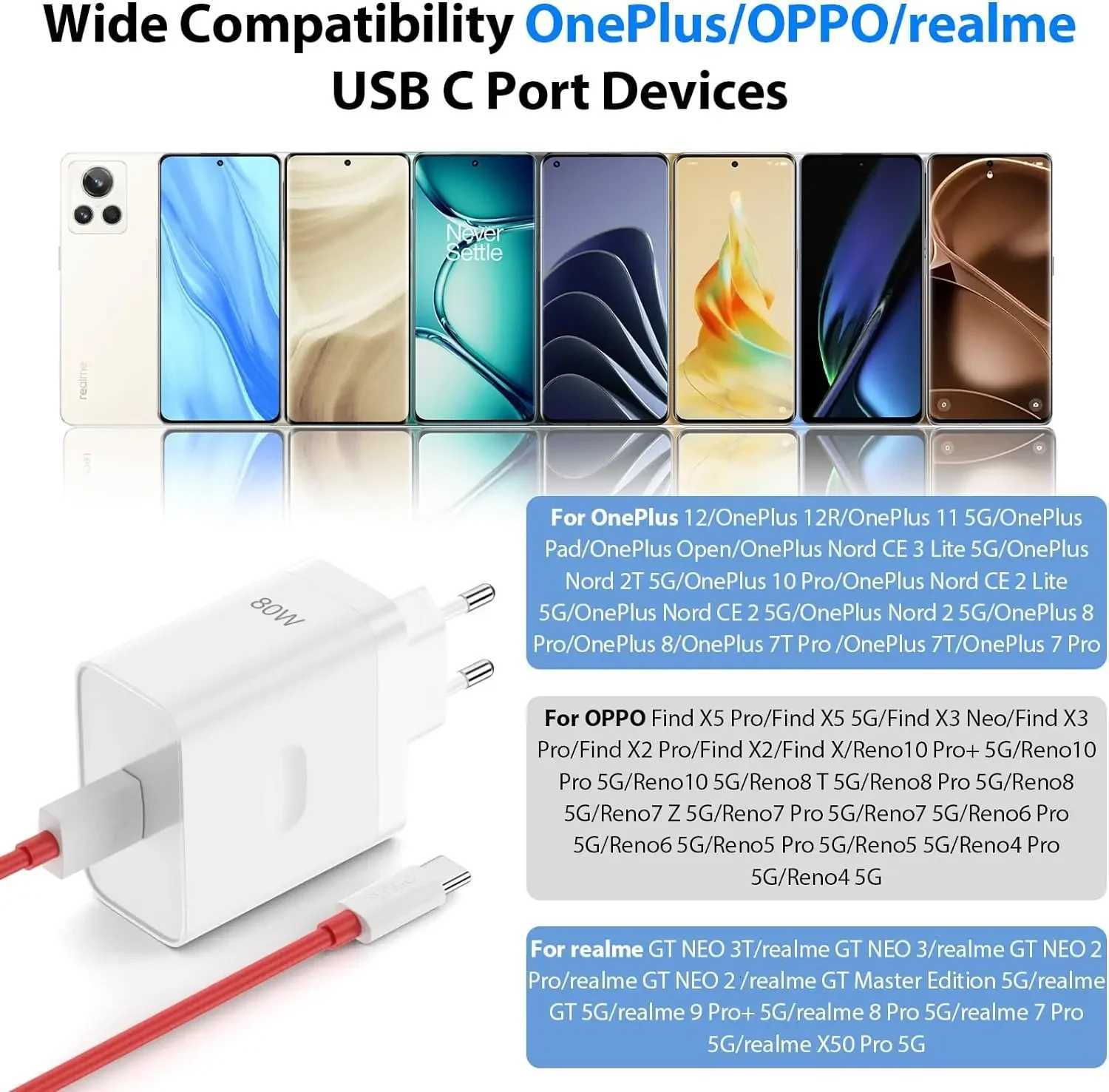 For For OnePlus 80W SuperVOOC EU Fast Wall Charger for OnePlus 10 11 12 Nord CE 2 3 Lite OPPO realme 10 GT NEO 2 3 Type C USB Cable X260228