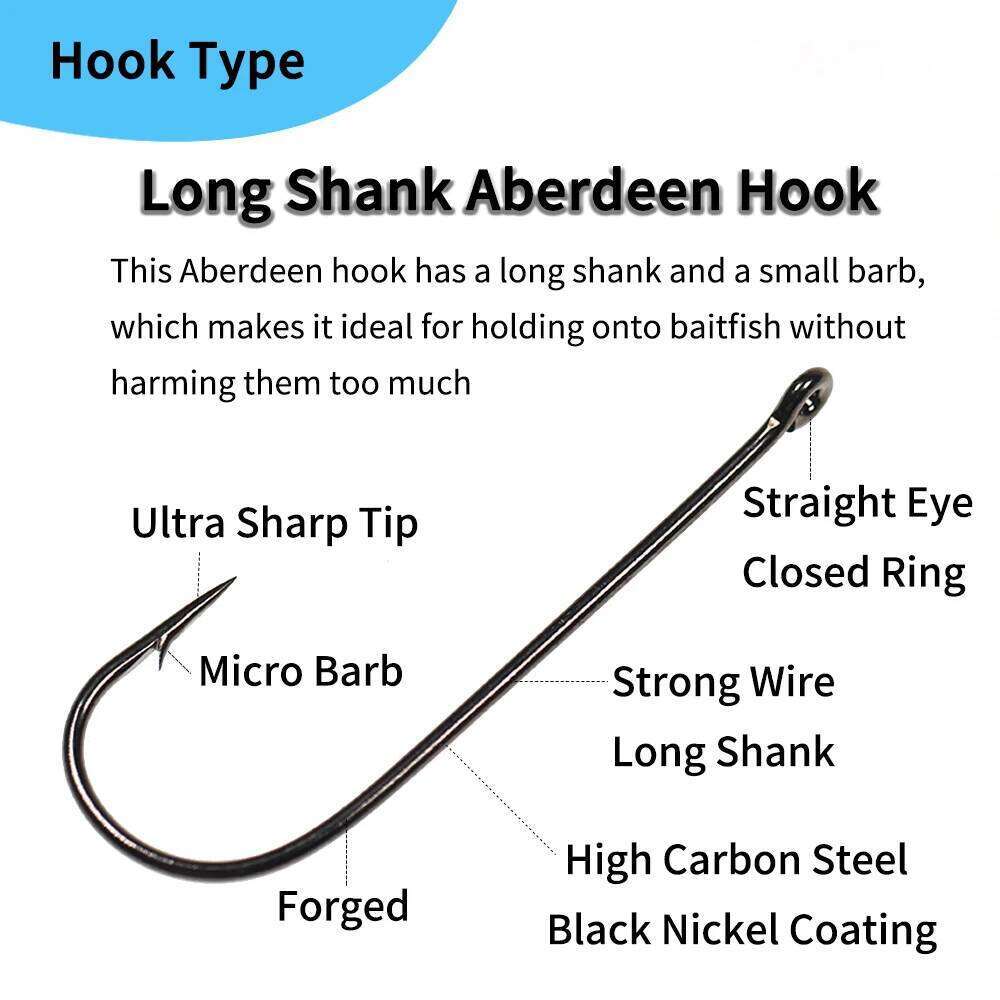 Elllv 50pcs 8# - 4/0 Long Shank Fine Wire Aberdeen Saltwater Freshwater Fishing Live Bait/Sabiki Rigs/Bass Trout Fly Hook Z260228