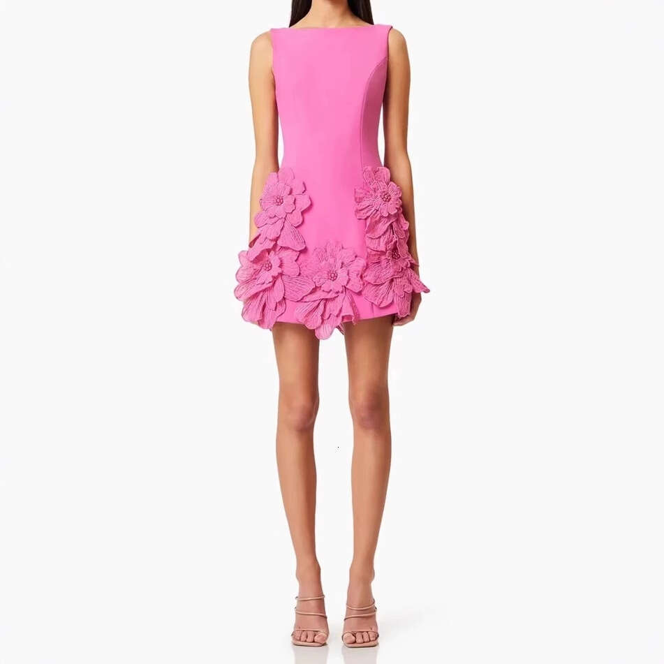 Summer 2026 European and American niche design elegant lady sleeveless solid color slim fit short skirt with 3D floral details