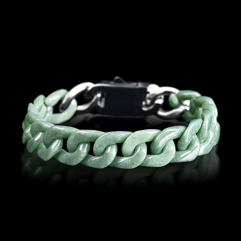 Natural Agrade Jadeite Bean Green Cuban Chain Bracelet Jade Steel Hiphop Style Personality Unisex Trendy Jewelry 250801