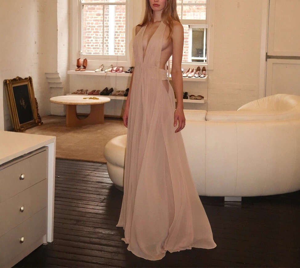 2026 summer European and American niche sexy backless collar V-neck deep backless silk smooth long skirt big hem vacation style women