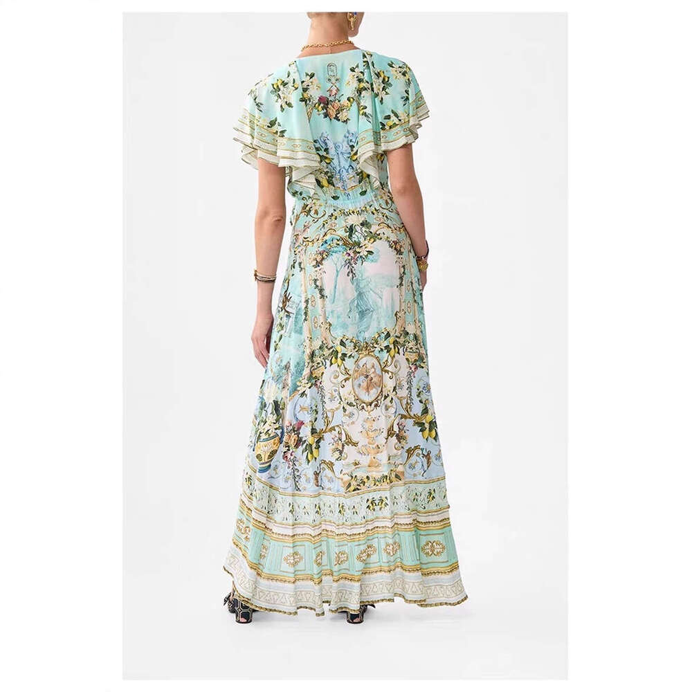 2026 Summer Women's Fashion Fairy Printed a3 Ruffle V-neck Asymmetric Hemp Elegant Long Dress