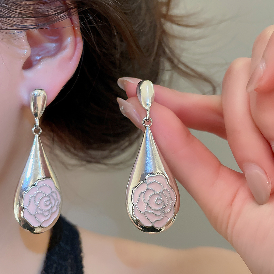 Silver needle oil-drip flower drop earrings, unique sweet, elegant earrings with a light luxury and high-end feel, niche design - view 4