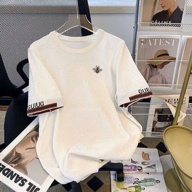 Men's Clohing Foreign Rade From He Sore~American-Syle Bee Embroidery Shor-Sleeve T-Shir, Ice Silk Round-Neck Plus-Size Kni