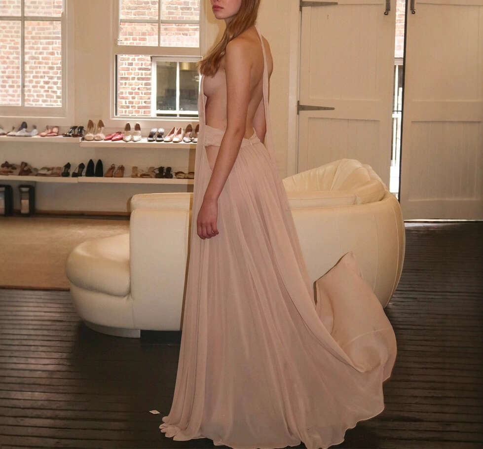 2026 summer European and American niche sexy backless collar V-neck deep backless silk smooth long skirt big hem vacation style women