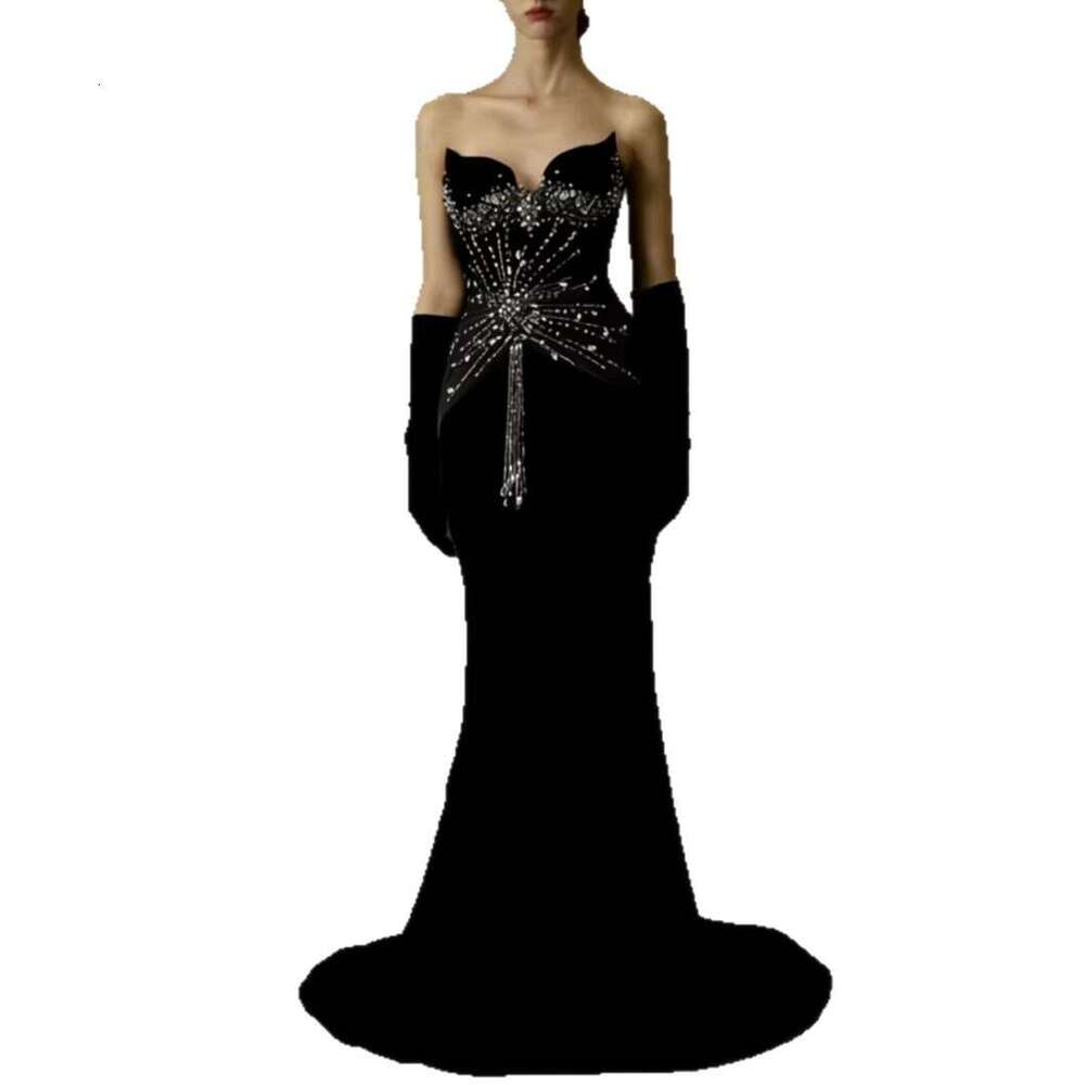 2026 New Women's European and American Fashion Luxury Rhinestone Sexy Strapless Waist Tight Tail Long Evening Dress
