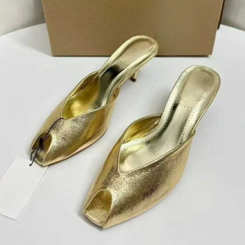 Shiny Gold Women Mules Shoes Shallow Slip on Fashion Peep Toe Party Dress Mid Heels Summer Modern Sandals for Ladies K260311
