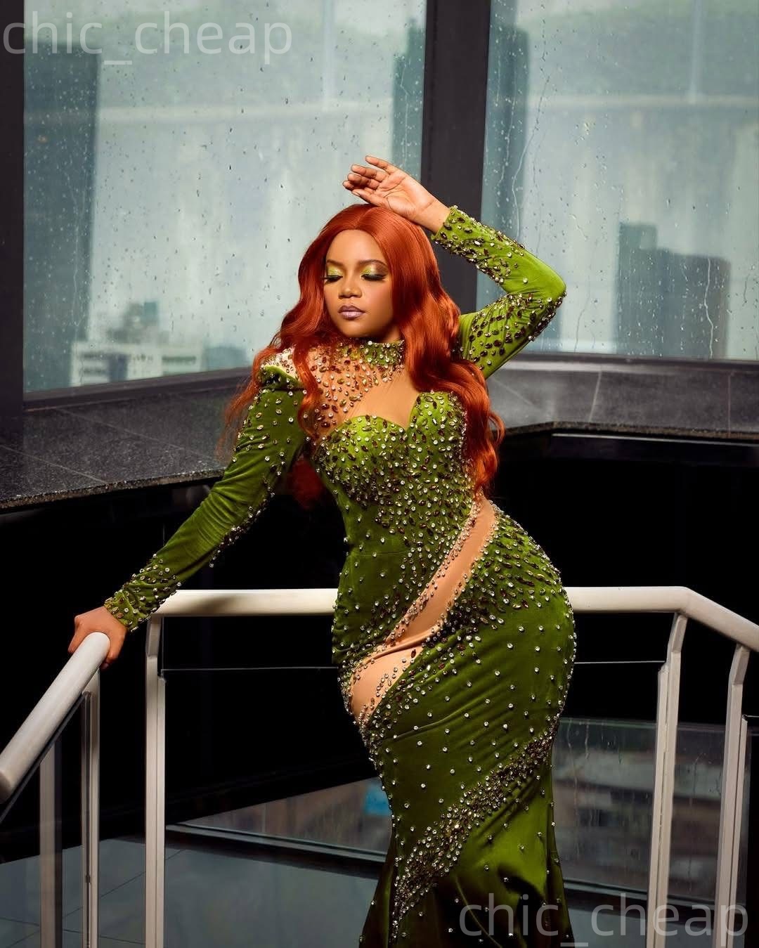 2k26 Green Prom Dress 2026 Mermaid Illusion Beaded Crystals Velvet Evening Dresses For Black Women Birthday Party Formal Receiption Gowns Dresses ZJ07