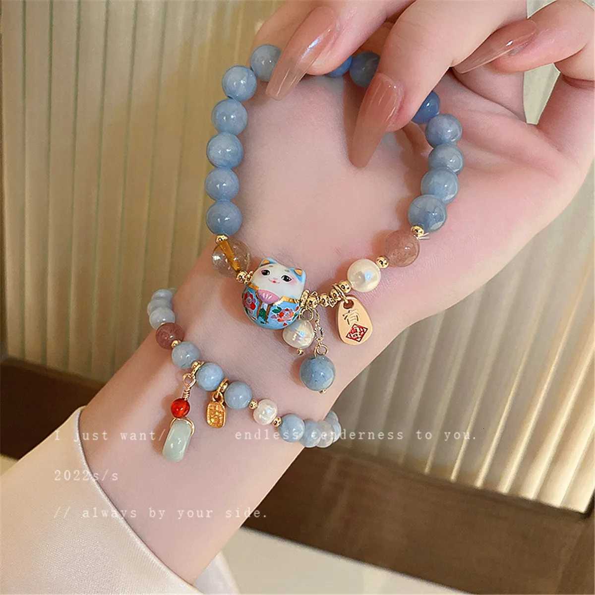 b24 Cat Charm Versatile Lovely Ceramic Woven Bracelet Blue Anime Ins Pendant Rope Chain Ulzzang Cartoon Jewelry Gift Wholesale H260228