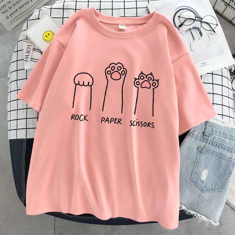 Rock Paper Scissors Funny Cat Print T Shirt Women Summer Soft Oversized Tops Fashion Casual Short Sleeve Street Cotton Tshirt C260228 - view 3