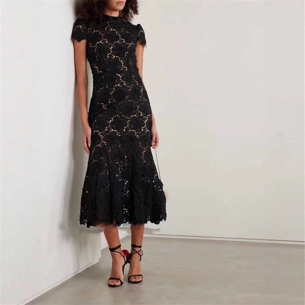 2026 Summer Designer Fashion Brand Elegant Social a3 Style Stand up Collar Flower Water soluble Lace Tight Mermaid Long Dress