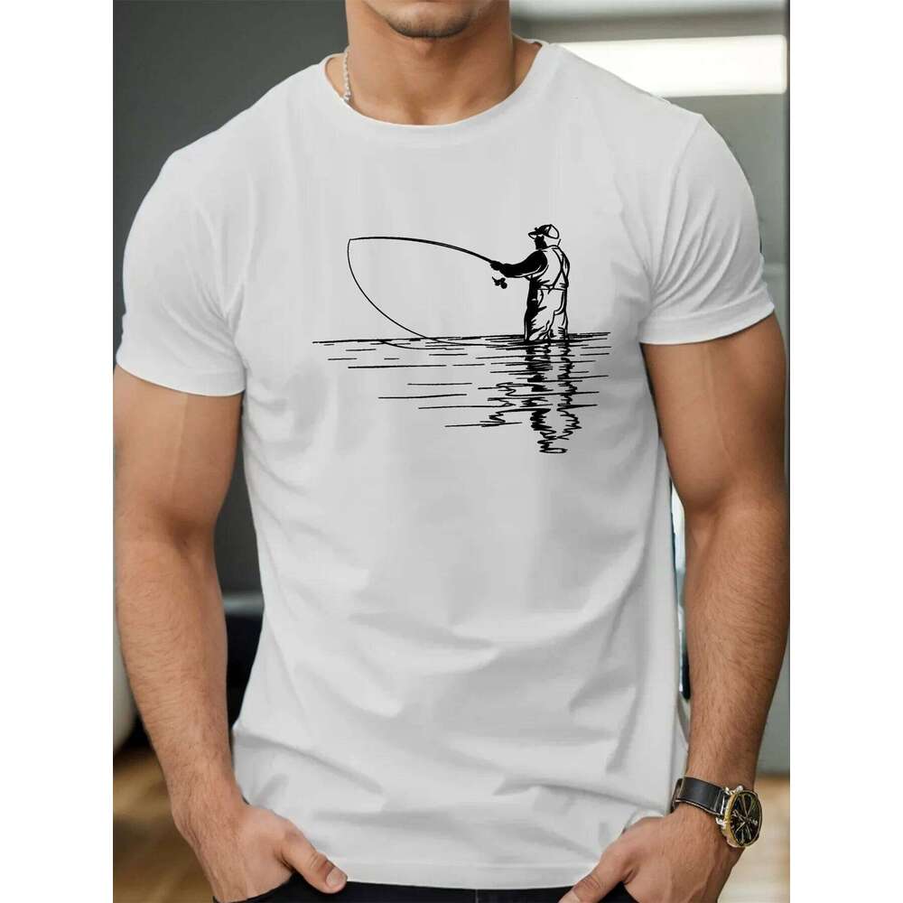 Men's summer 100 cotton fashionable casual loose plus size reflection fishing printed round neck short sleeved T-shirt top C260228 - view 4