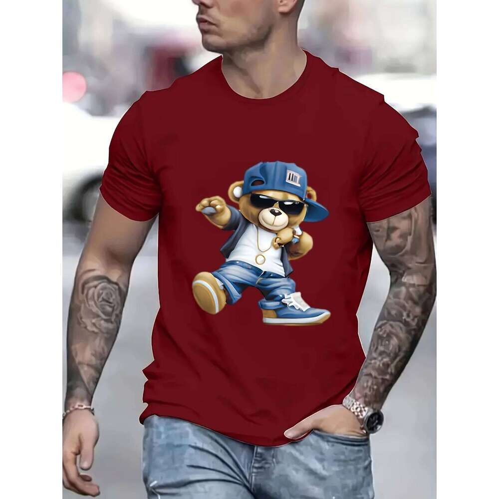 Men's Summer 100 Cotton Fashionable Casual Sports Loose Large Cartoon Cool Bear Pattern Printed Round Neck Short Sleeve T-shirt C260228 - view 3